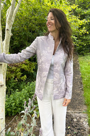 Cashmere jacket in soft purple with white floral pattern. Luxury nehru collar jacket for women. 