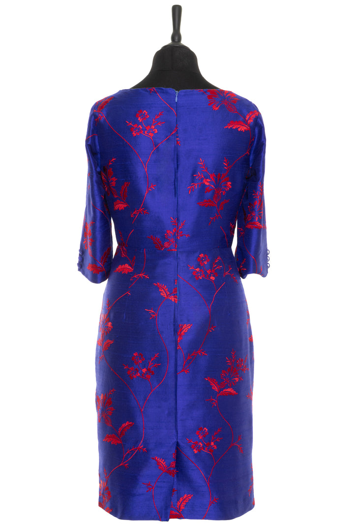 Blue cobalt silk dress with red floral pattern. Wedding guest dress for over 60s. 