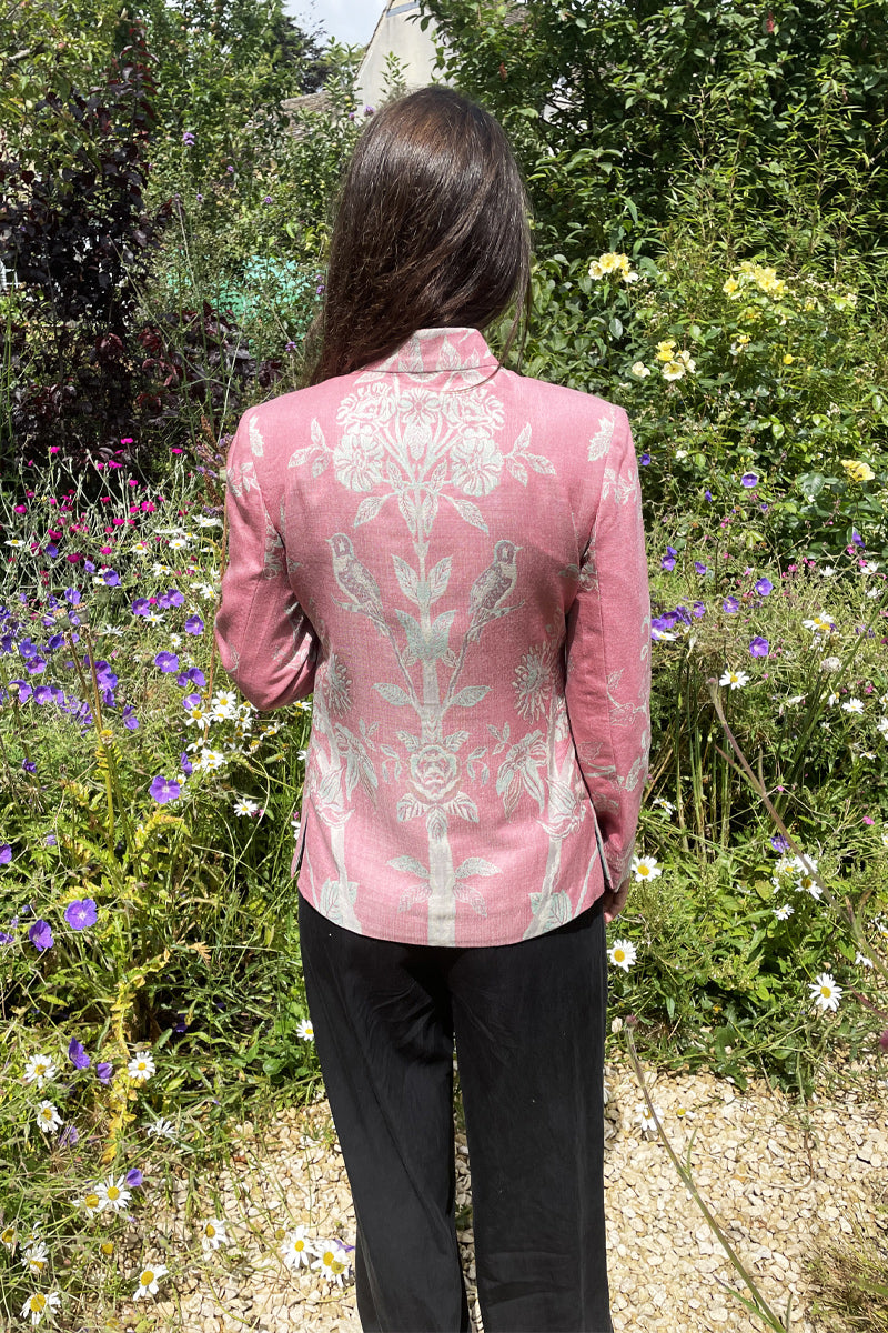 Tree of life pattern on short jacket. Pink wedding guest jacket. 