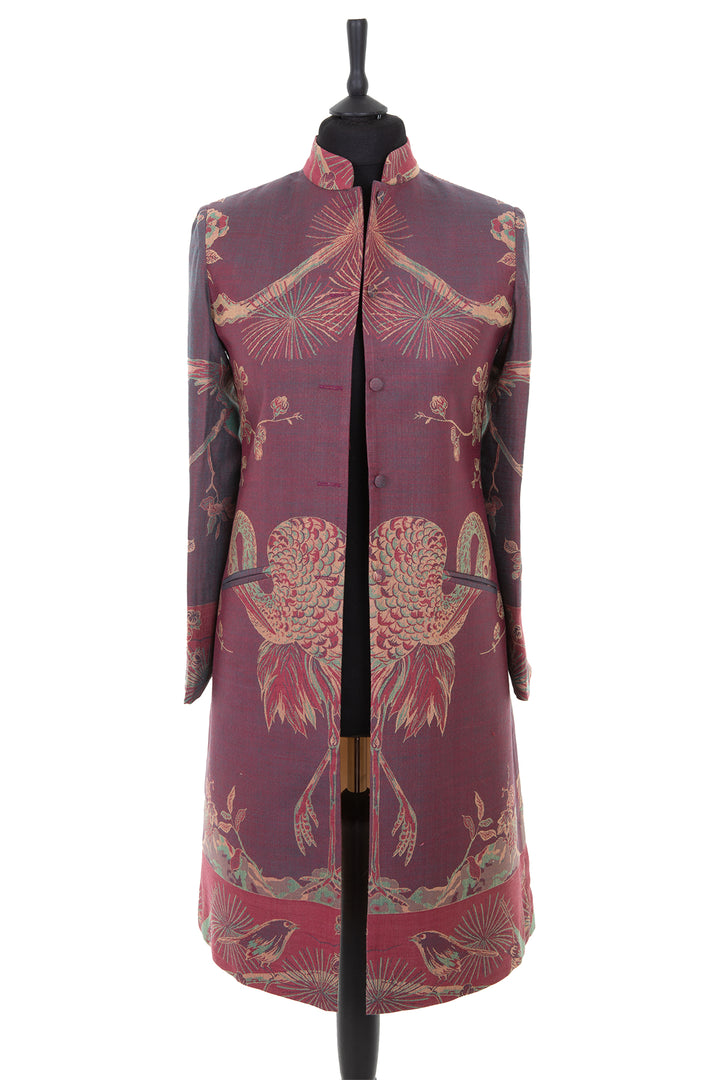 Womens cashmere dress coat in iridescent teal, with pink hues