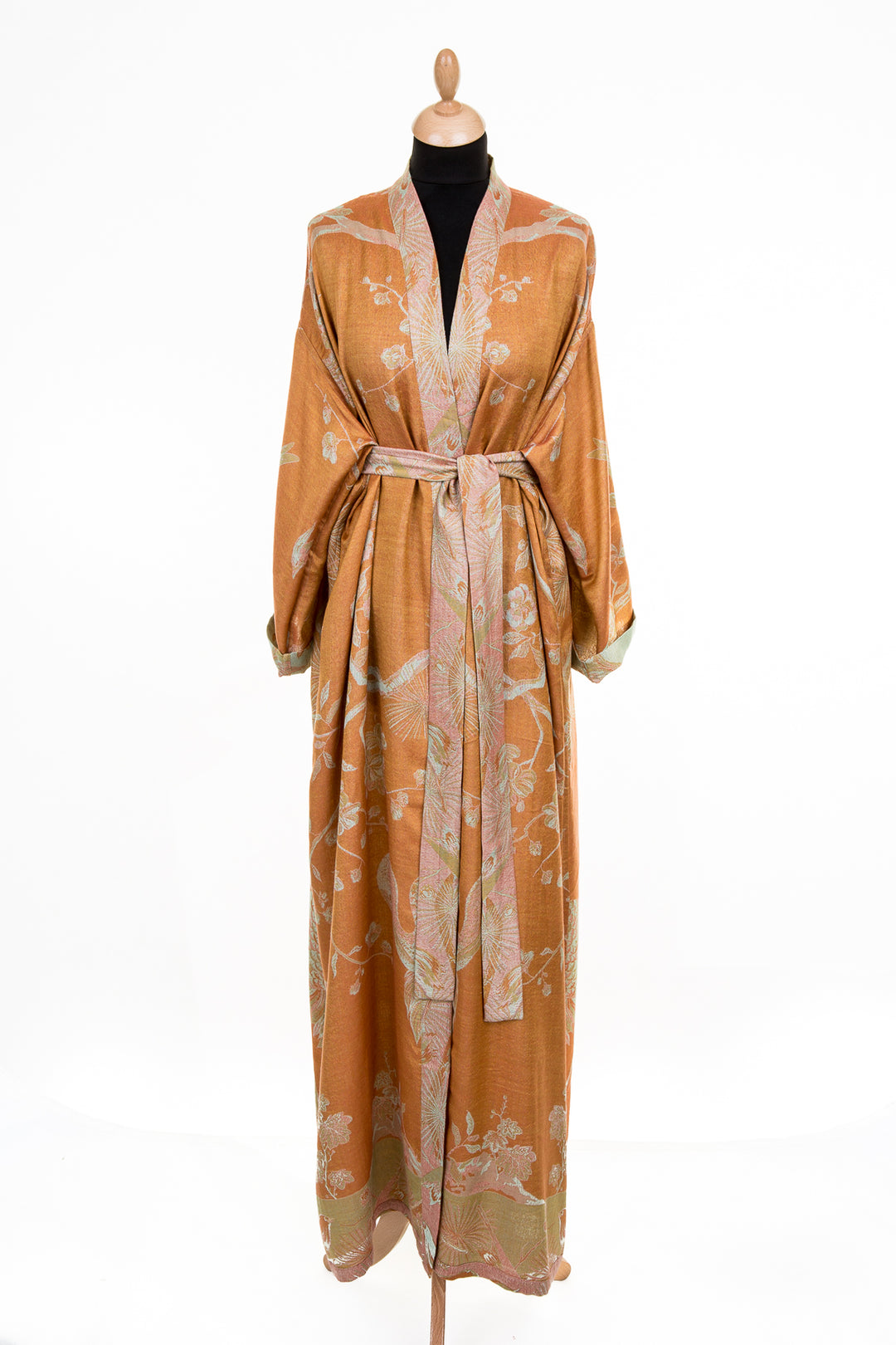 Women's nightwear robes. Reversible dressing gown in orange with flowers and tree of life pattern. 