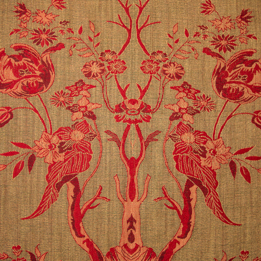 brown fabric with red floral pattern. Tree of life fabric 