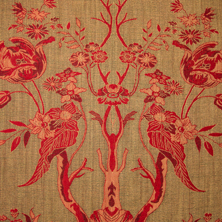 brown fabric with red floral pattern. Tree of life fabric 