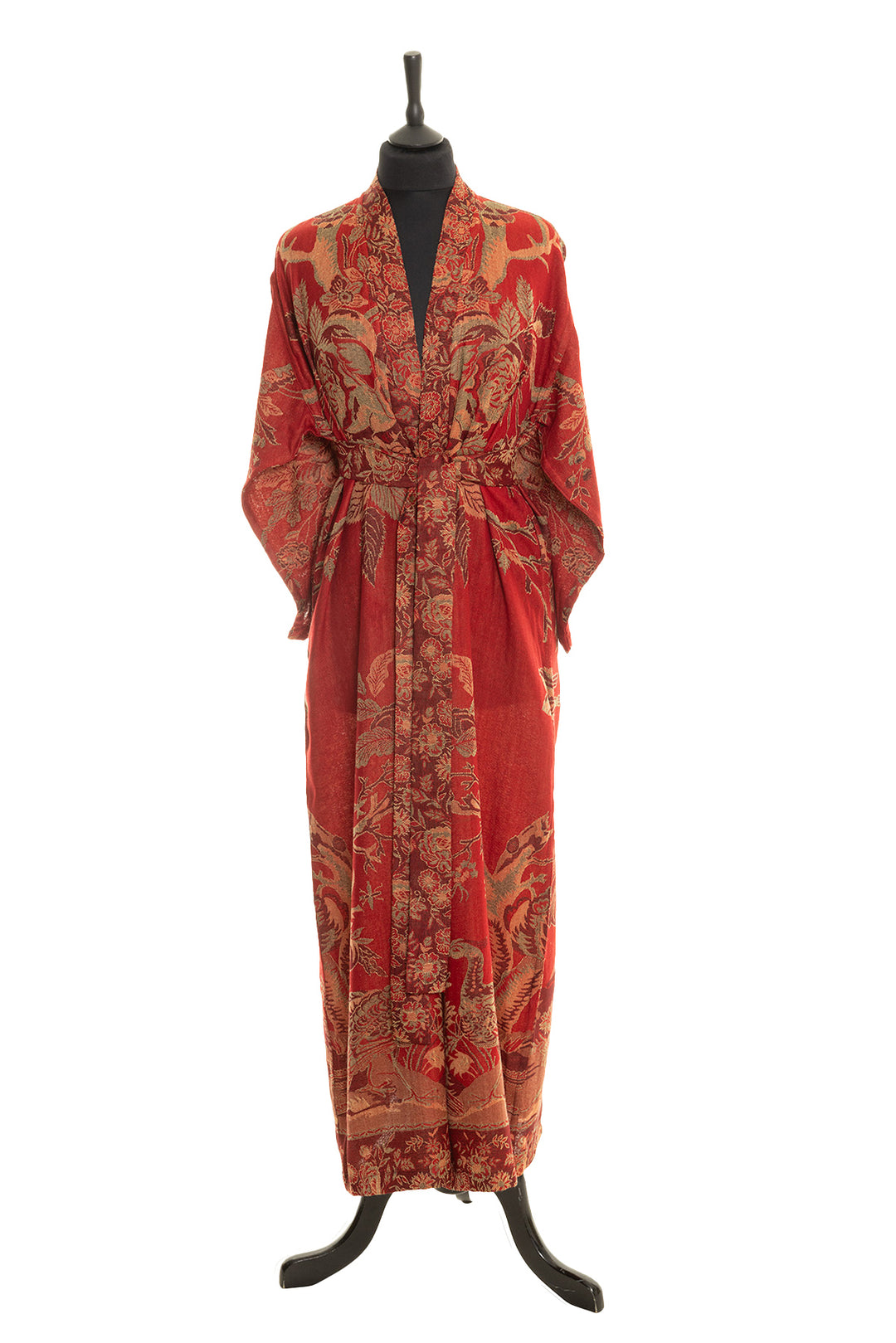 Full length bath robe for ladies. Women's floral dressing gown in red brown and orange. 