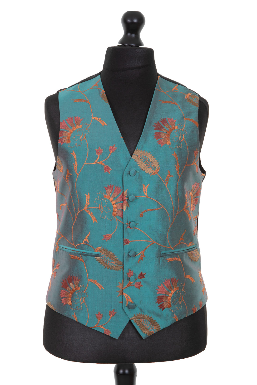 Silk blue classic waistcoat with golden embroidered flowers. Father of the bride outfit. 