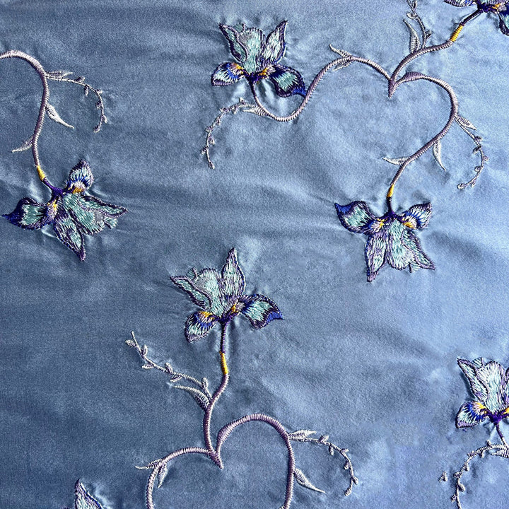 blue silk fabric with floral embroidery