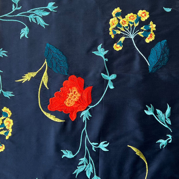 dark blue fabric in silk with floral embroidery 