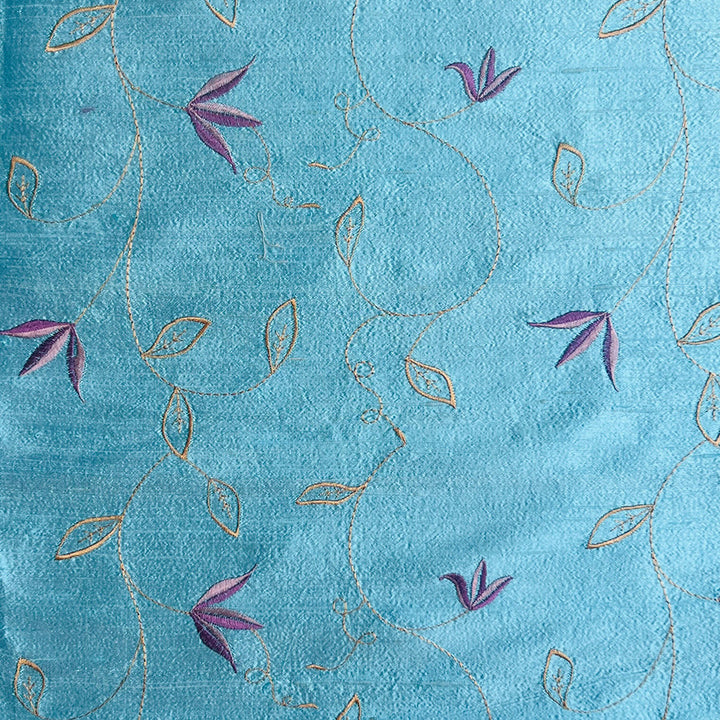 blue silk fabric with purple flowers