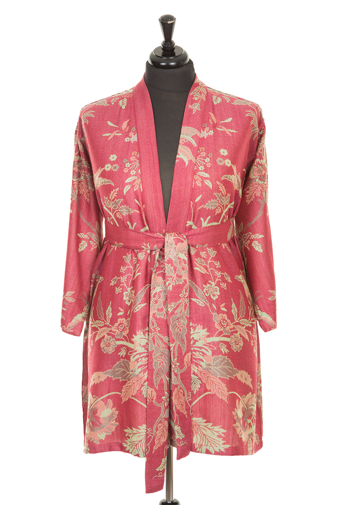 Short belted cashmere dressing gown. Pink with green flowers. 