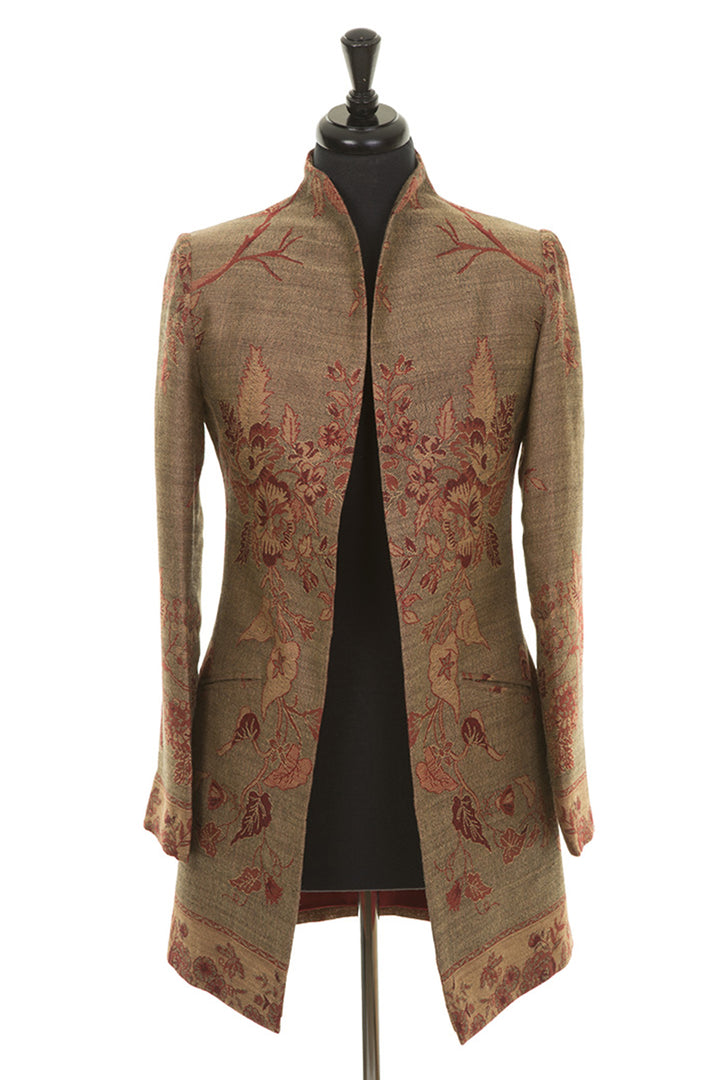 Mid length cashmere jacket with tree of life pattern in Green. Unique jacket for weddings. 