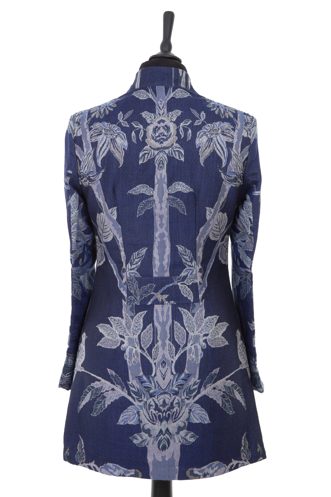 Womens longline jacket in bright navy blue cashmere fabric with a Tree of Life pattern in pale silver