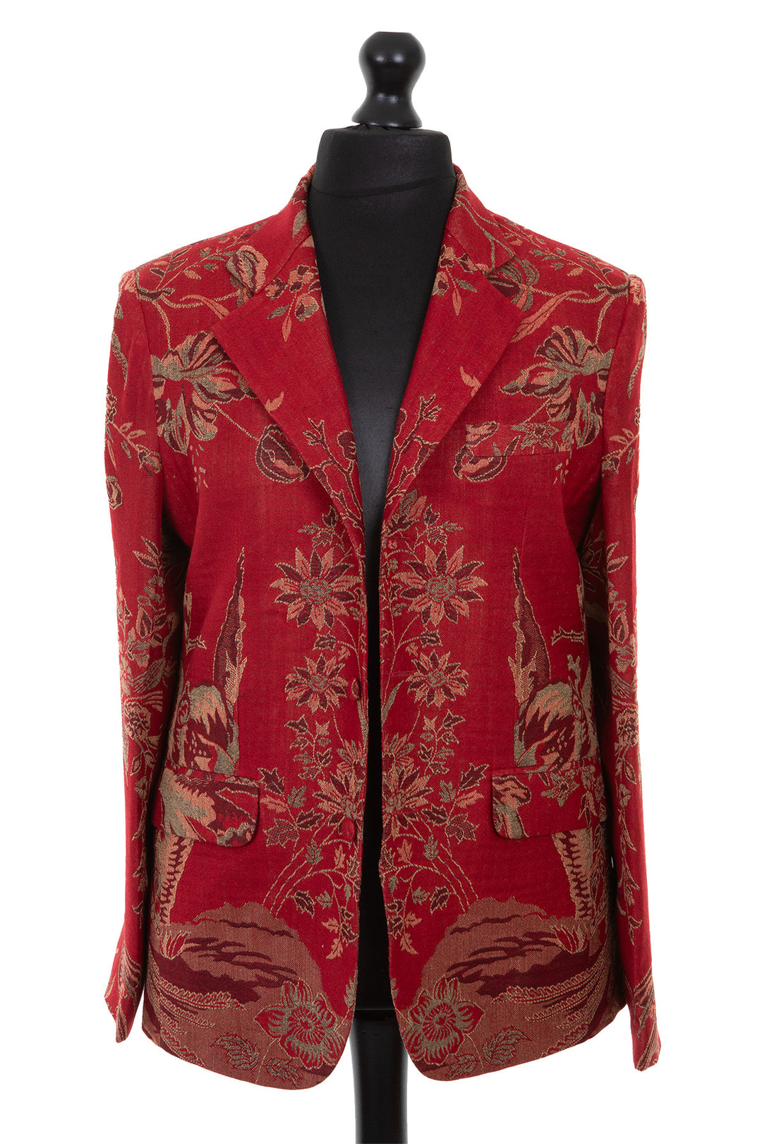 Mens cashmere blazer in ruby red cashmere fabric with a floral pattern in country green, burgundy and gold