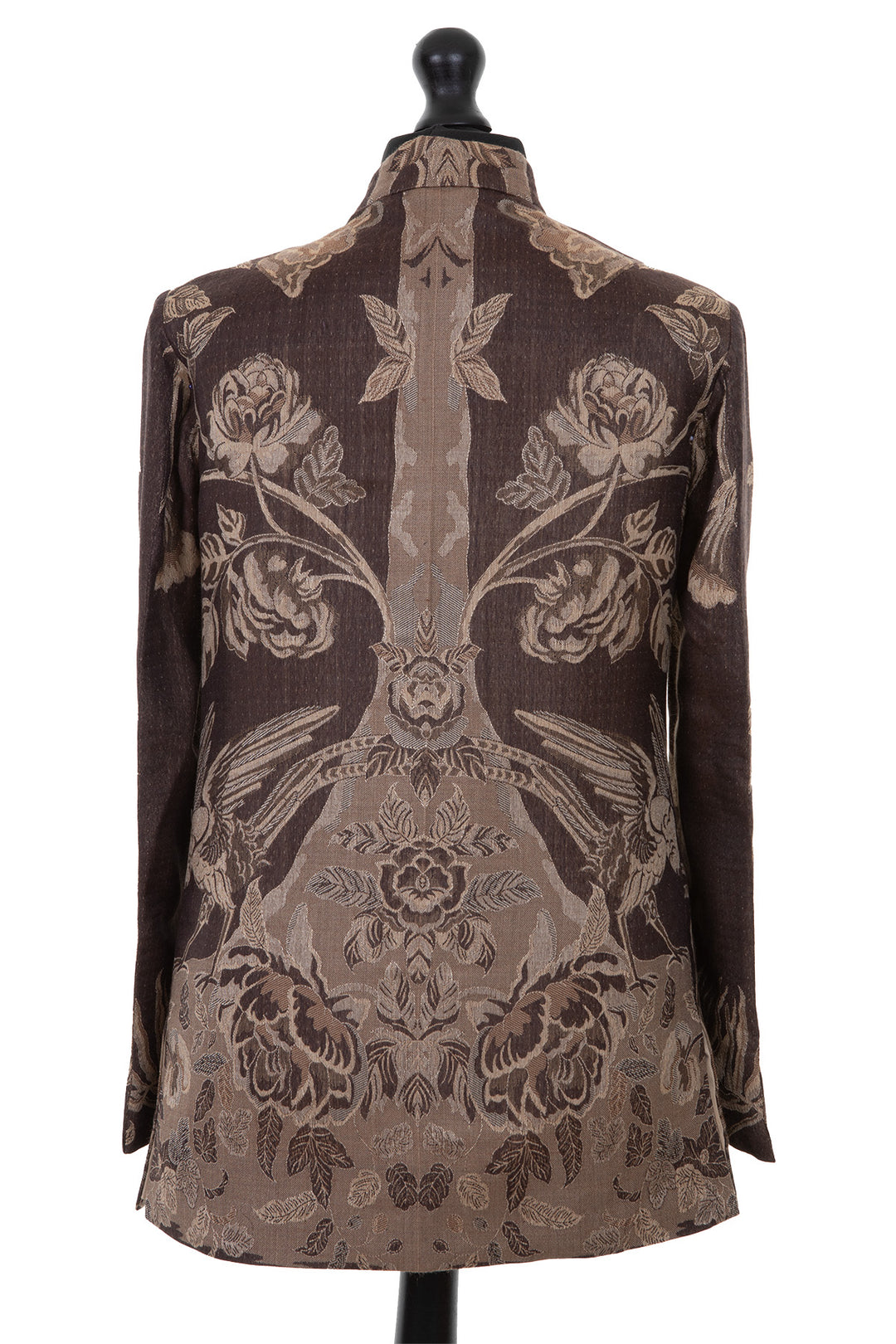 Mens nehru jacket in chocolate brown cashmere fabric with taupe Tree of Life pattern