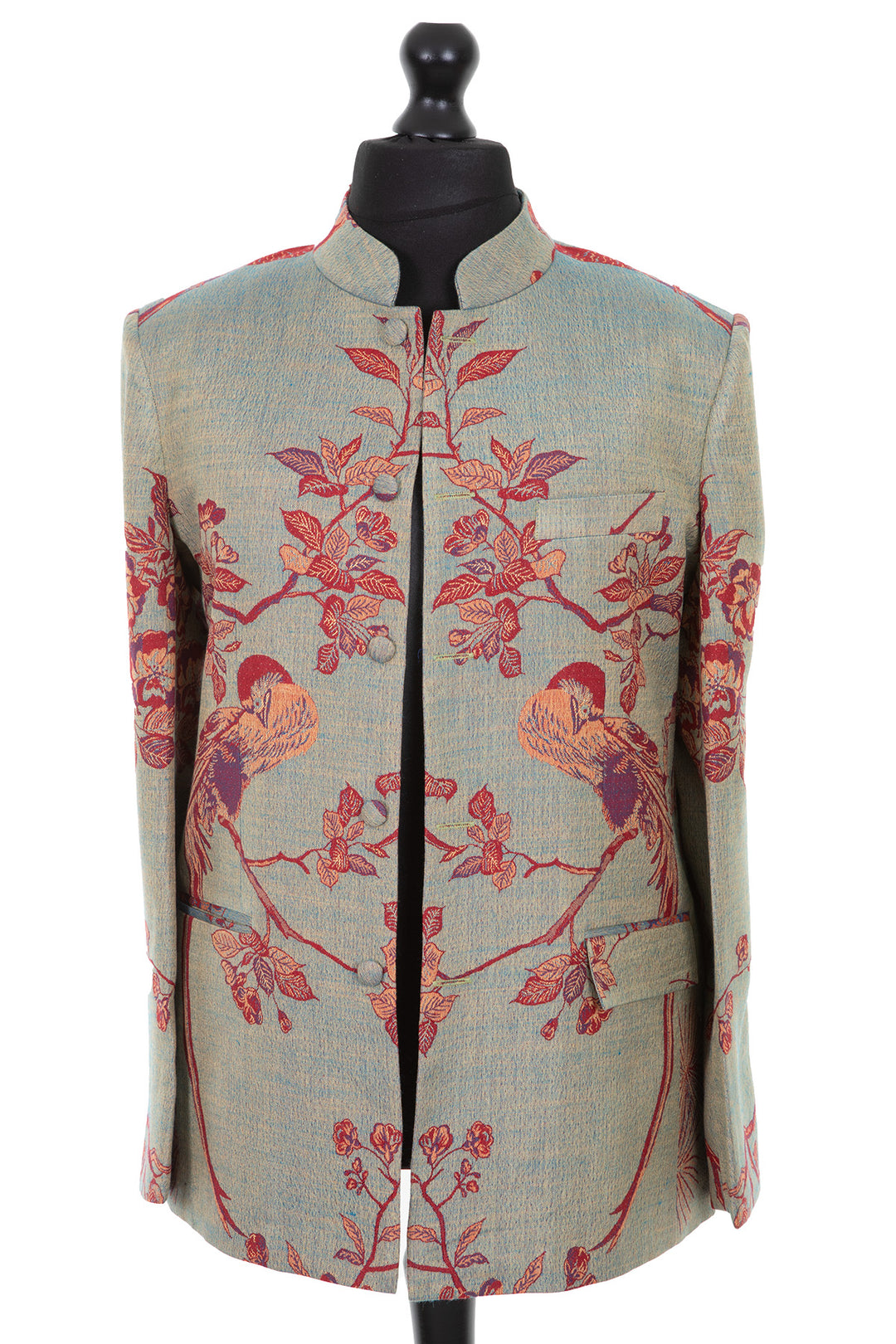 Green nehru collar jacket for men with floral and birds pattern. 