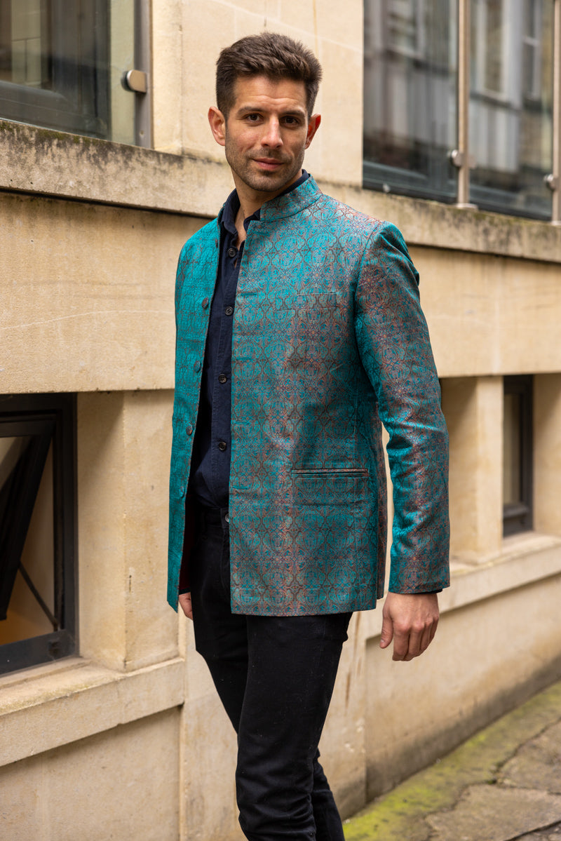 Mens Nehru Jacket in Royal Jacquard Shibumi Mens Silk Occasional Wear