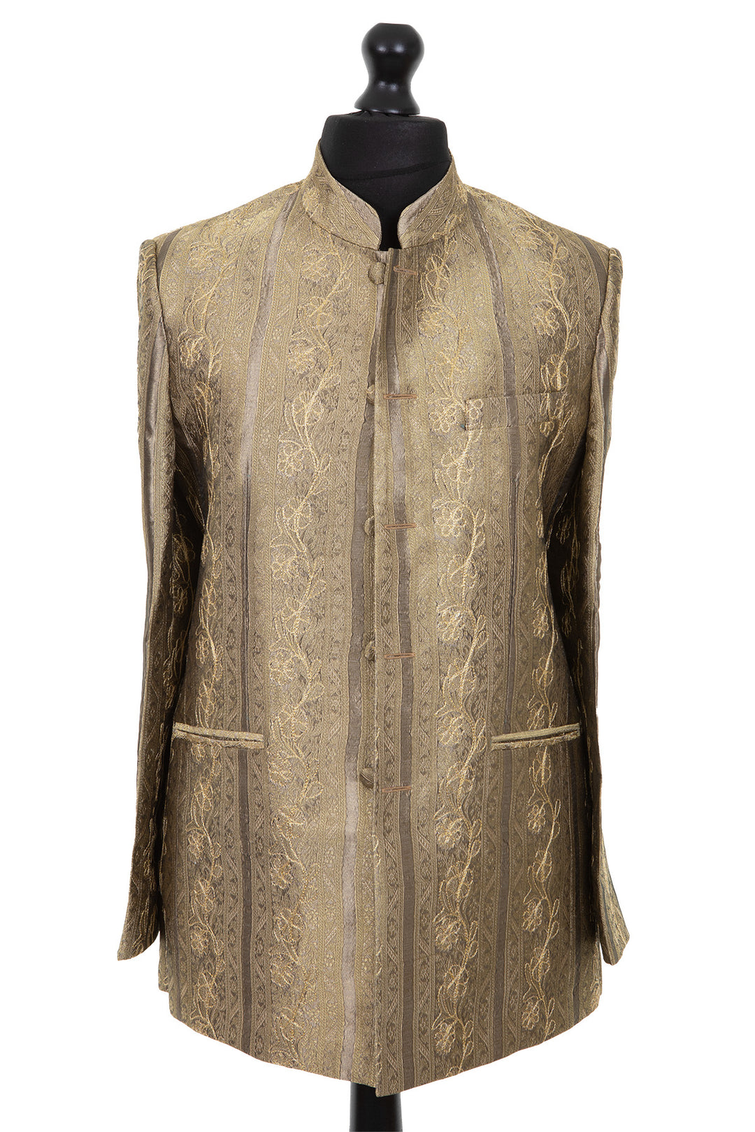 Mens nehru jacket in dark gold heavily embroidered raw silk with metallic thread