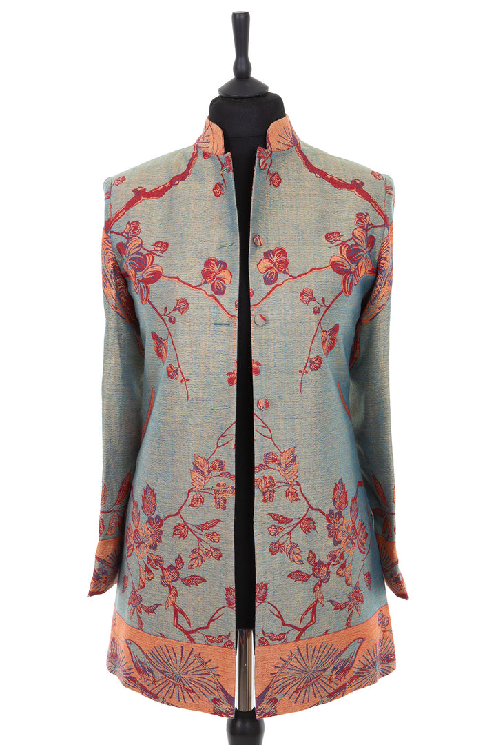 Womens long nehru jacket in dark green cashmere fabric with the Tree of Life pattern in red, orange and blue