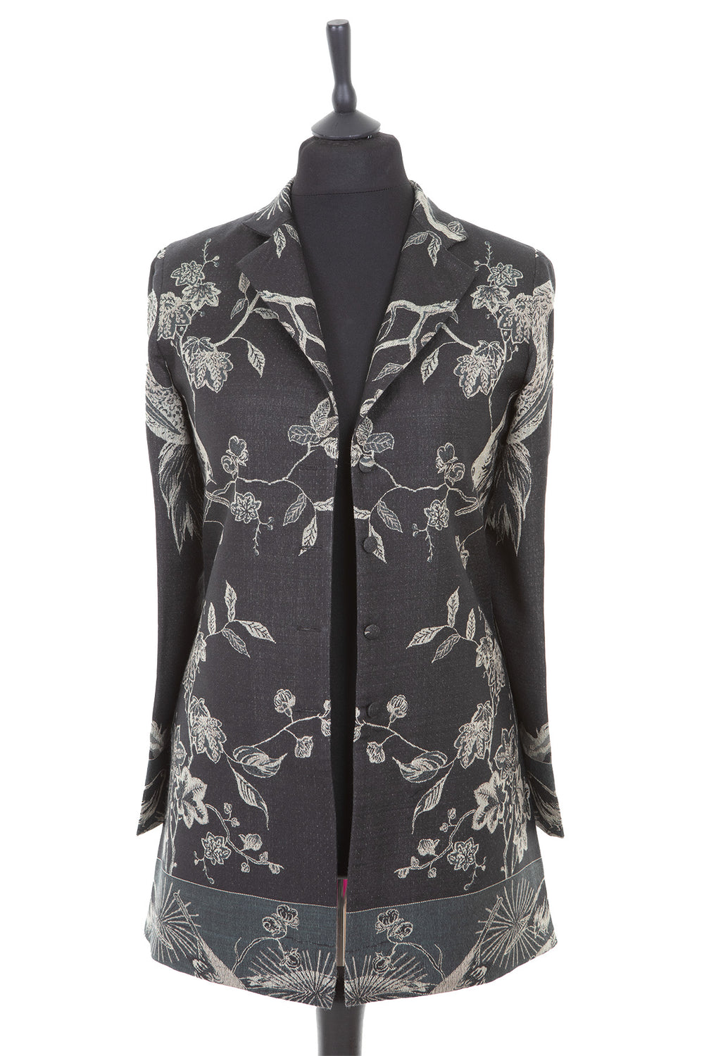 Womens cashmere longline blazer style jacket in a black cashmere fabric with a Tree of Life pattern in silver