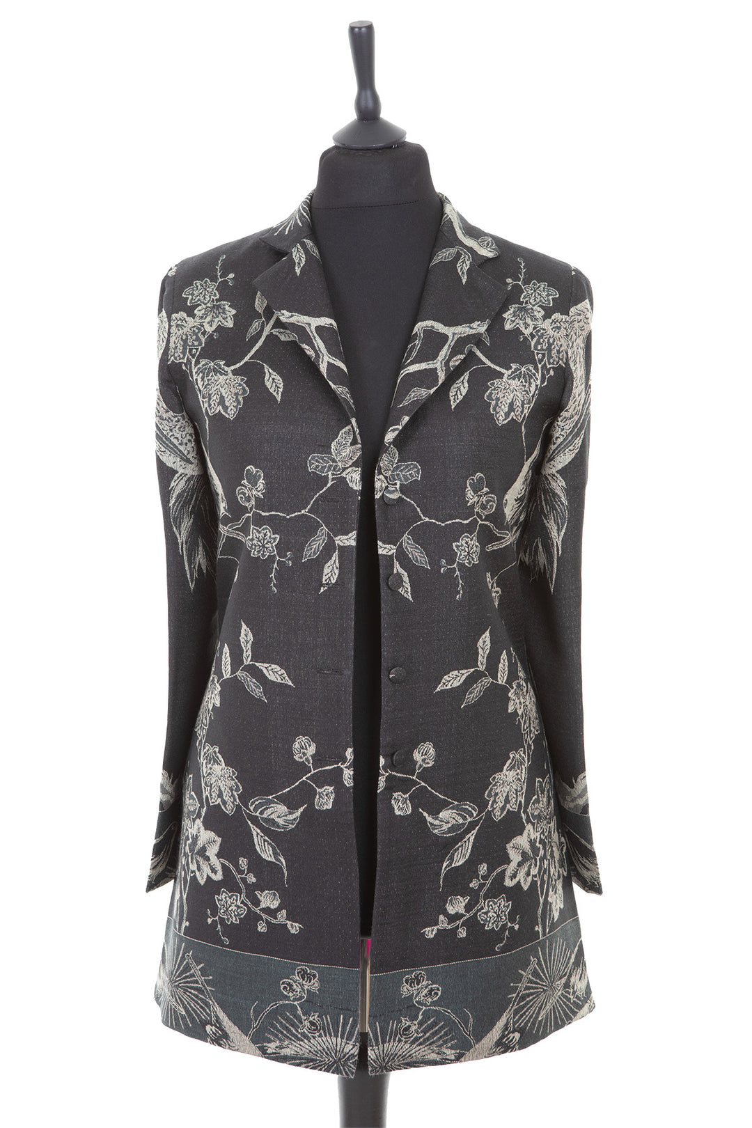 Womens cashmere longline blazer style jacket in a black cashmere fabric with a Tree of Life pattern in silver