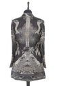 Womens cashmere longline blazer style jacket in a black cashmere fabric with a Tree of Life pattern in silver