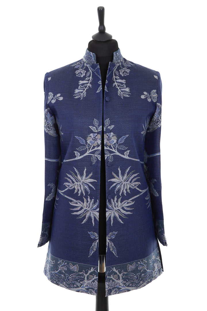 Womens cashmere silk blend long nehru jacket in a bright navy blue cashmere fabric with a Tree of Life pattern in pale silver