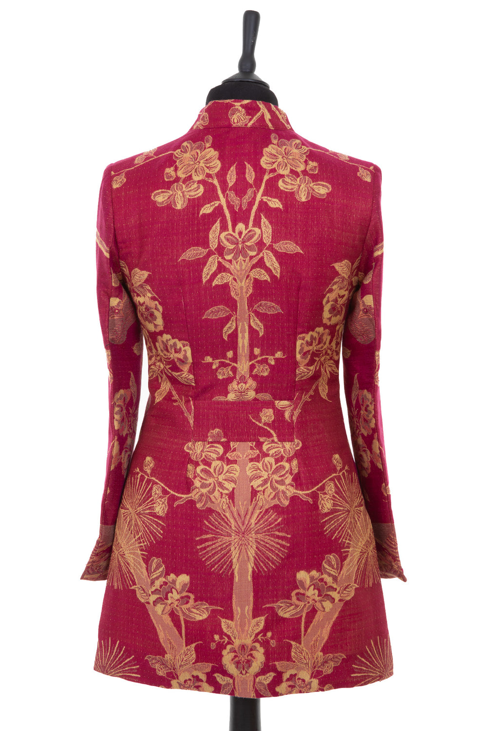 Womens longline cashmere silk blend jacket in a raspberry pink cashmere fabric with a Tree of Life pattern in pale gold