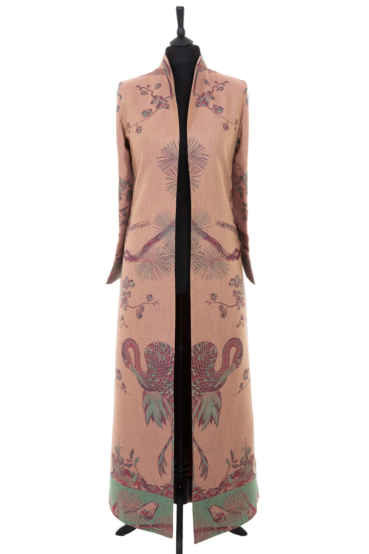 Long women's coat in dusky pink with flowers and birds. Beautiful and unique opera coat. 