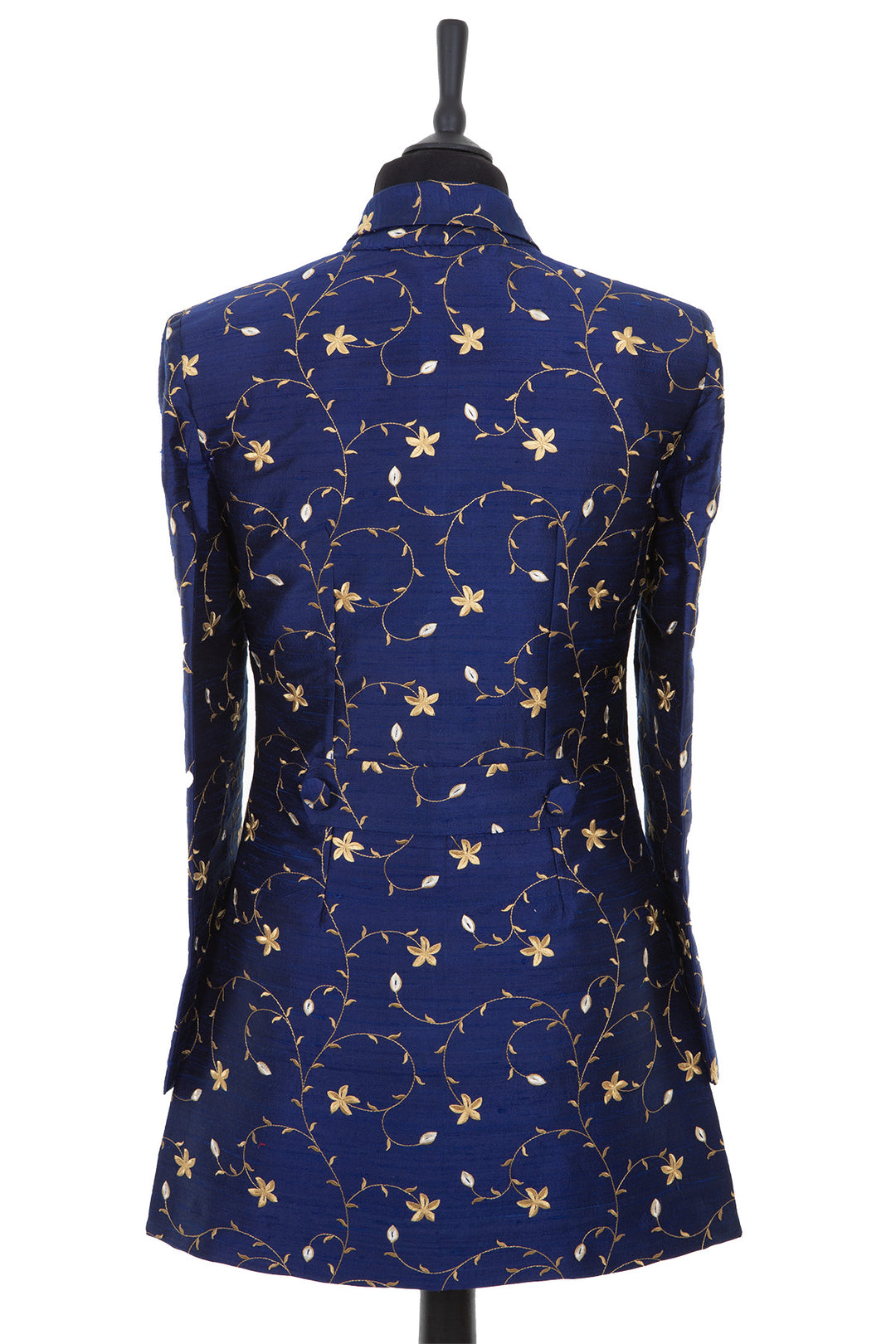 Womens longline blazer style jacket in a bright navy blue embroidered raw silk with a gold pattern