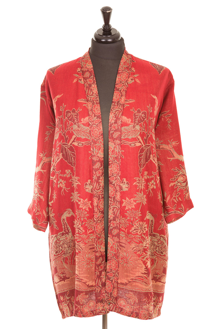 Red kimono jacket with flowers and birds. Plus size belted kimono jacket. 