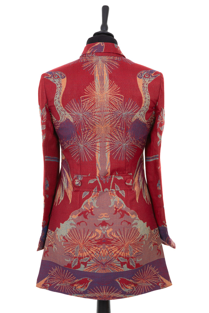 Womens long blazer style jacket in a bright red cashmere fabric with a Tree of Life pattern in aubergine, navy, gold, aqua and orange