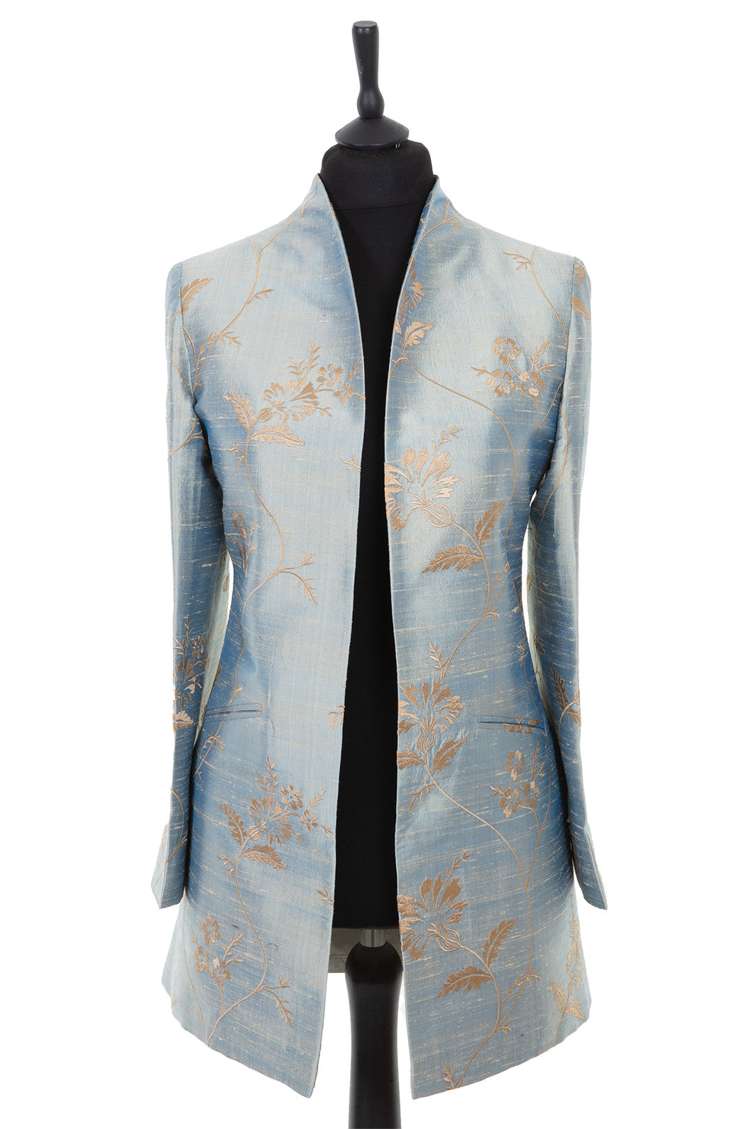 Womens longline jacket in a gold and pale blue embroidered raw silk with a darker gold pattern