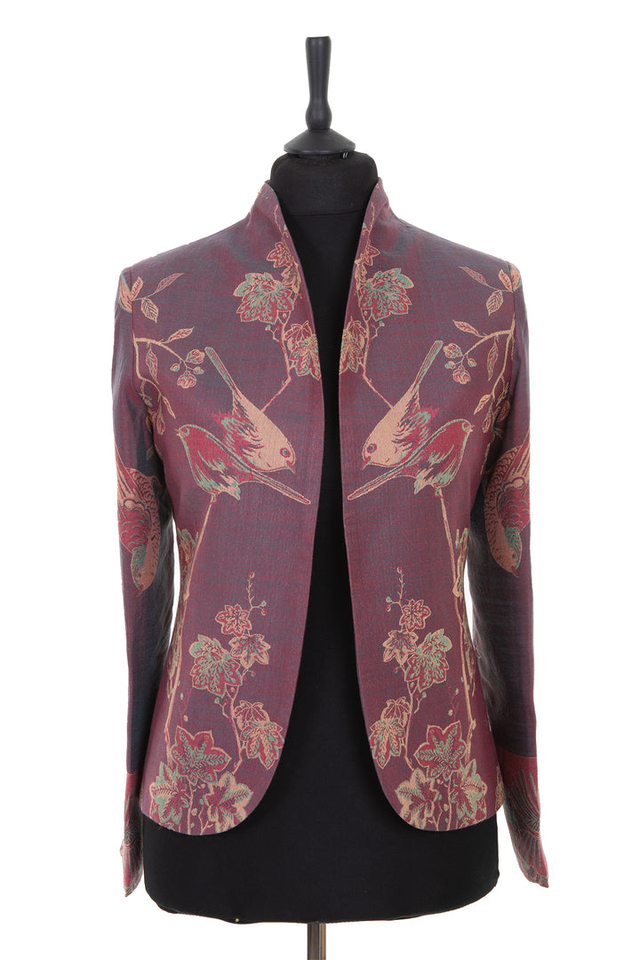 beautiful short jacket in deep purple with embroidered birds and flowers