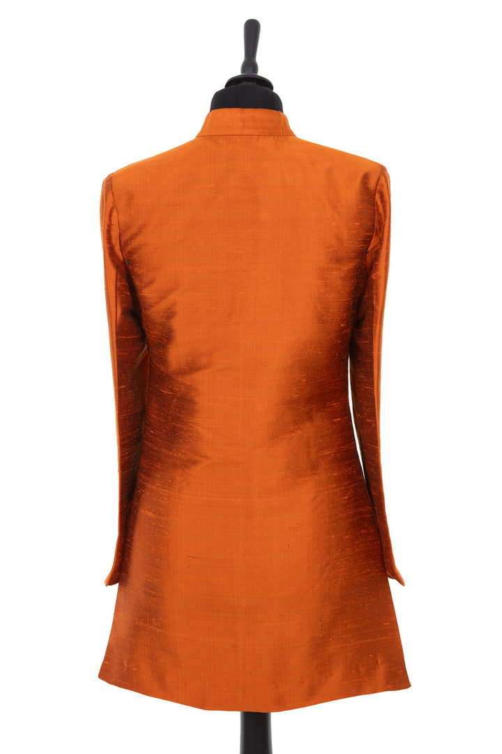 Womens longline nehru jacket in burnt orange raw silk