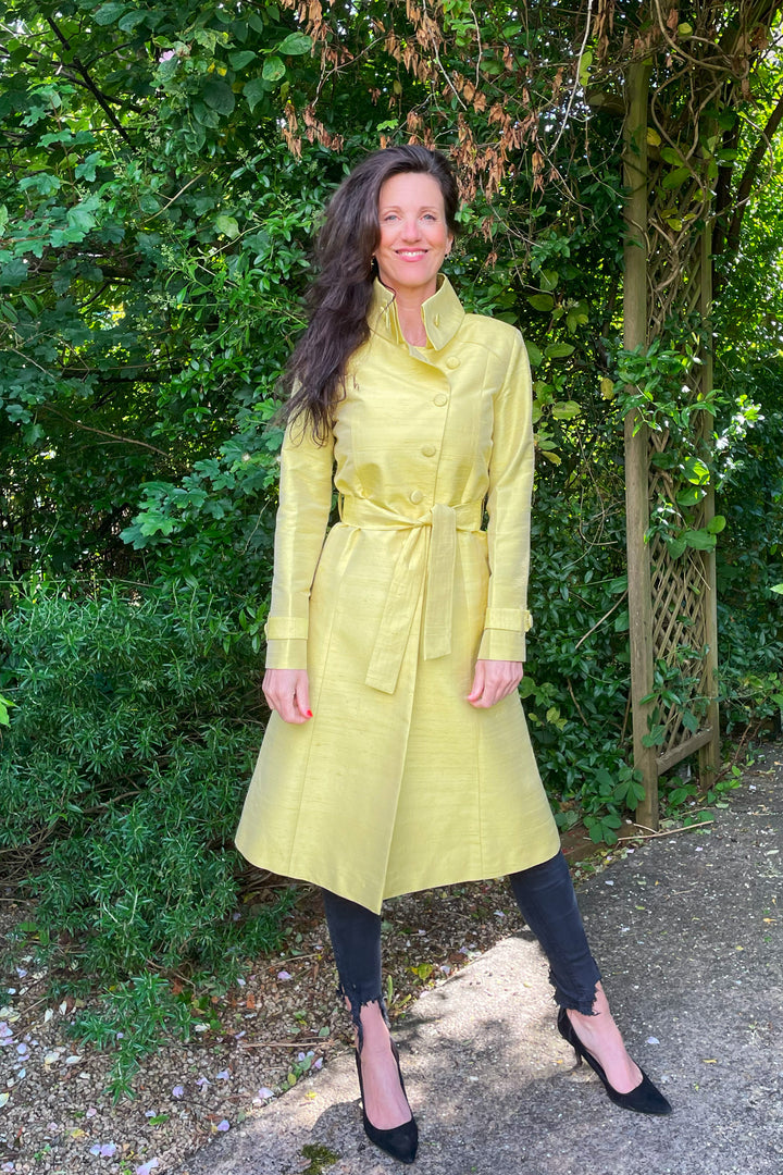 Silk yellow trench coat for women. Raw silk handmade yellow coat. 