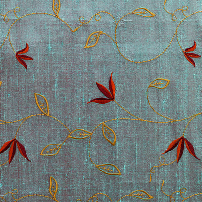 Blue silk fabric with yellow and red soft florals