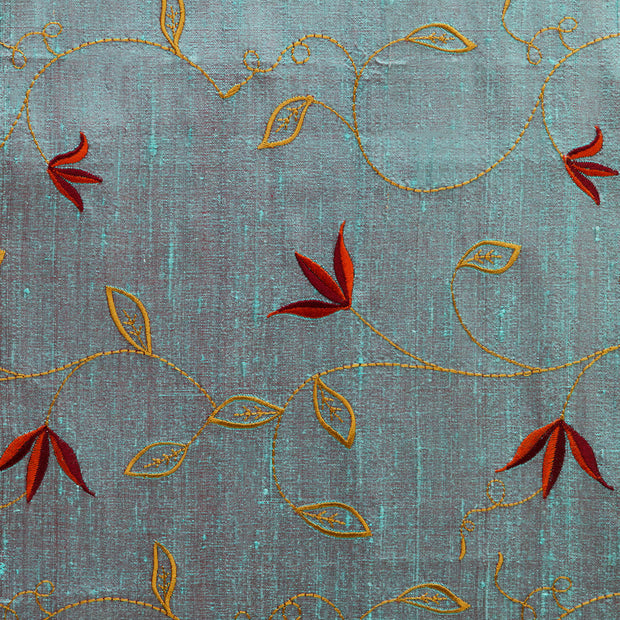 Blue silk fabric with yellow and red soft florals