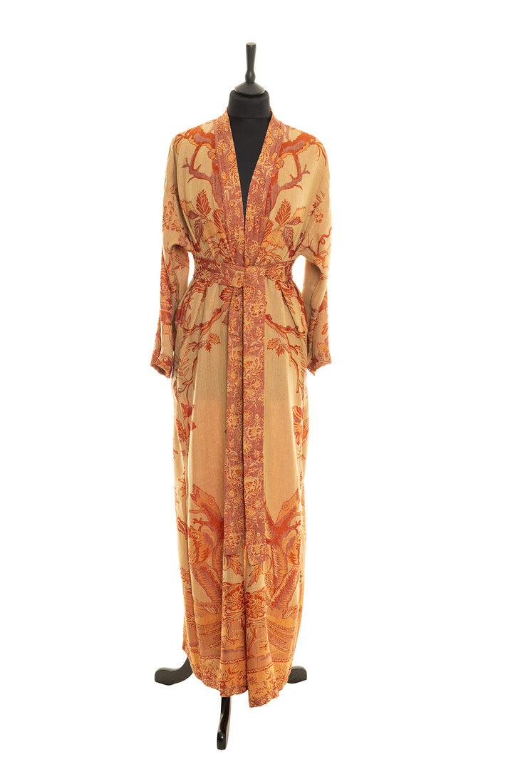 Yellow and orange cashmere dressing gown. Belted robe with unique design. 