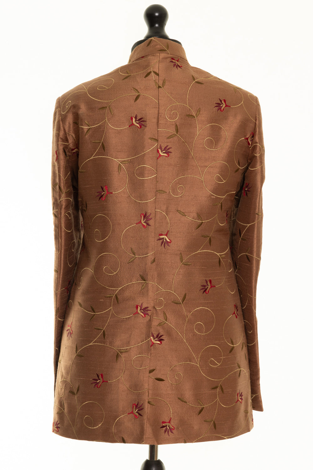 Silk Nehru collar jacket for men, handcrafted with embroidery, perfect for weddings and special occasions. This men's nehru is made from brown silk with golden and red floral pattern. 