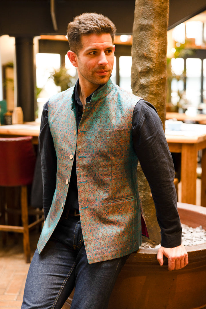 blue silk mens' handmade waistcoat for weddings 