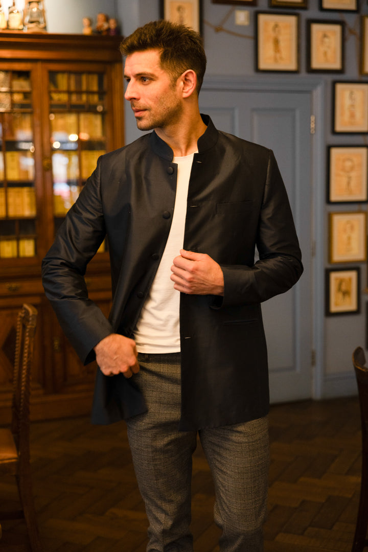 handmade plain raw silk jacket for men in dark navy blue