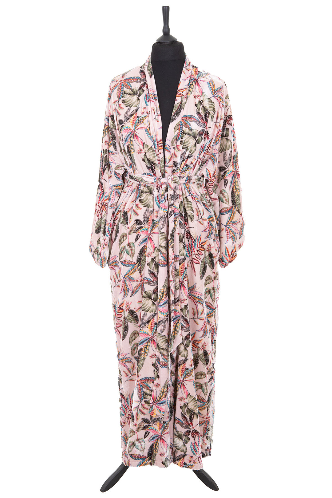 A luxurious pale pink silk velvet dressing gown designed with a beautiful striking botanical pattern embodying many different colours