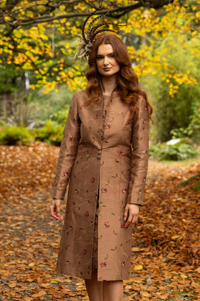 Elegant fitted silk coat in brown. Ladies knee length brown coat. 