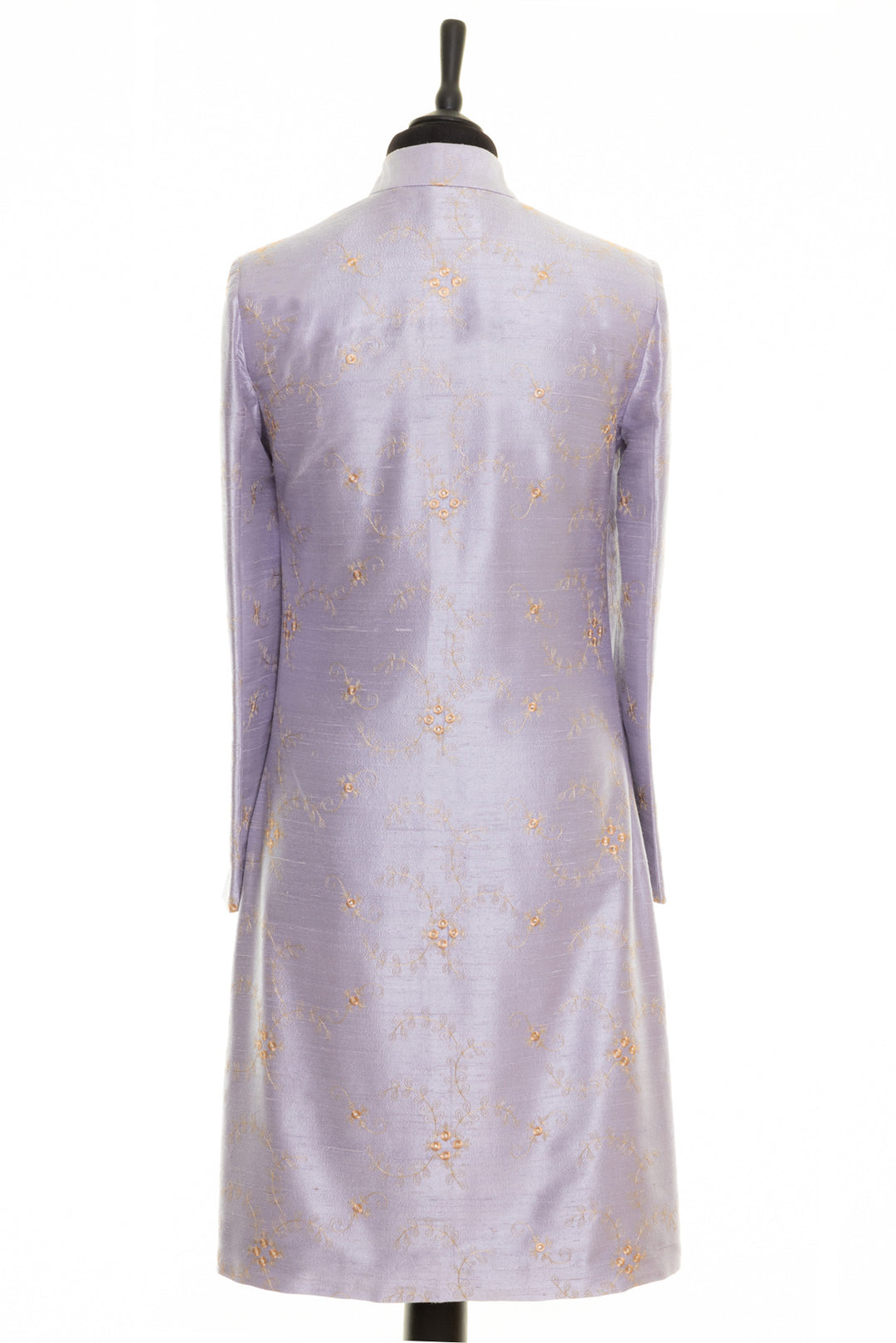 Embroidered silk lilac knee length women's coat. It has soft floral golden embroidery. 