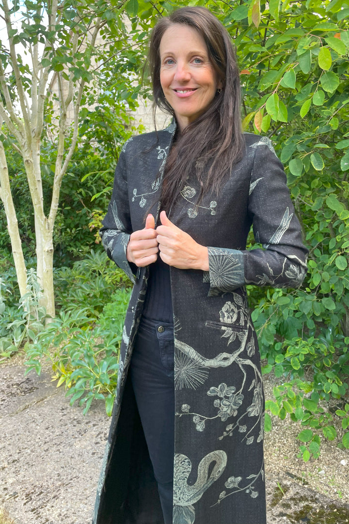 Fitted long coat with beautiful pattern. Wedding guest coat. 