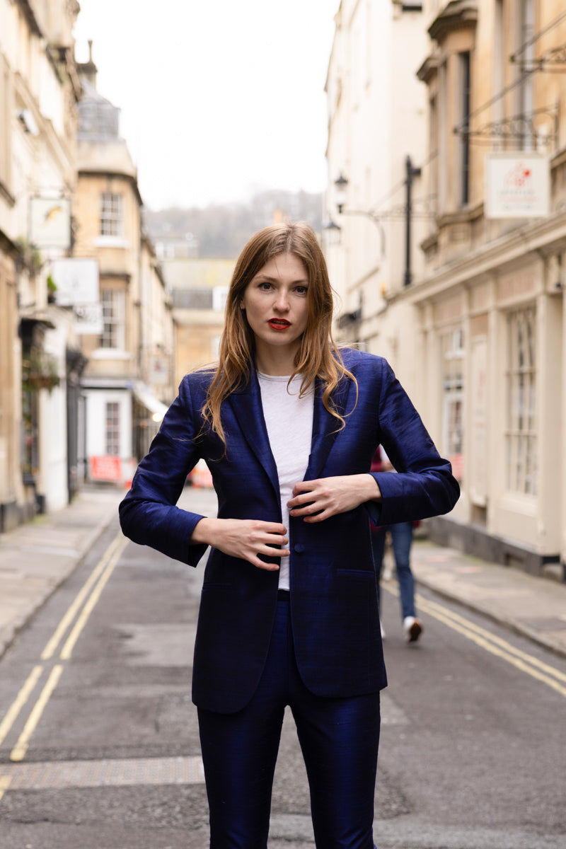 women's silk luxury blazer in midnight blue