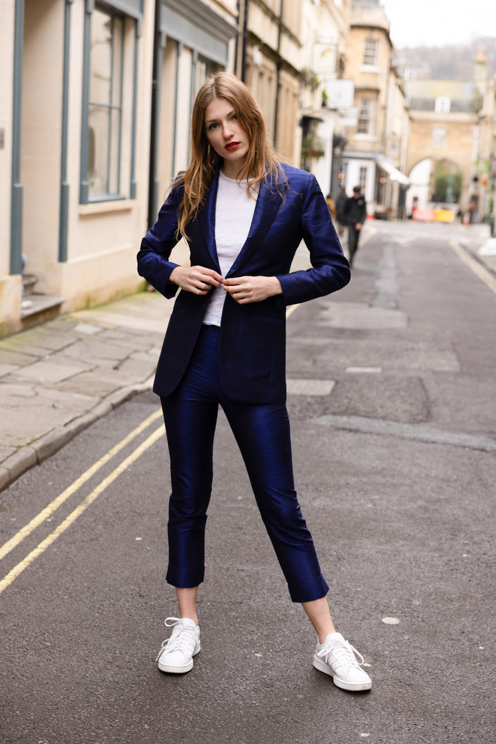 handmade cigarette luxury silk trousers with matching navy blazer 