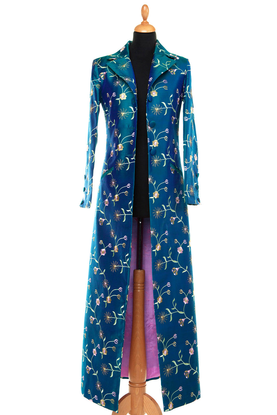 Maxi blue silk coat with floral pattern. Mother of the groom dress coat. 