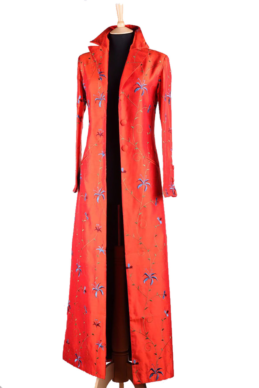 bright orange floral embroidered silk full length coat, non-traditional mother of the bride outfit, orange silk opera coat, silk maxi coat