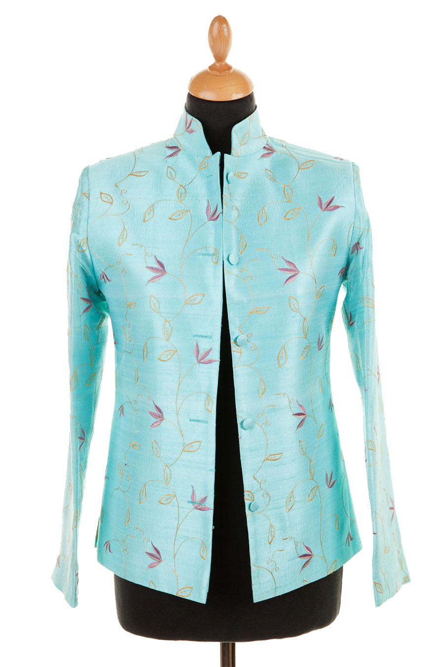 Light blue silk jacket with high collar. Women's wedding jacket in blue with embroidery. 