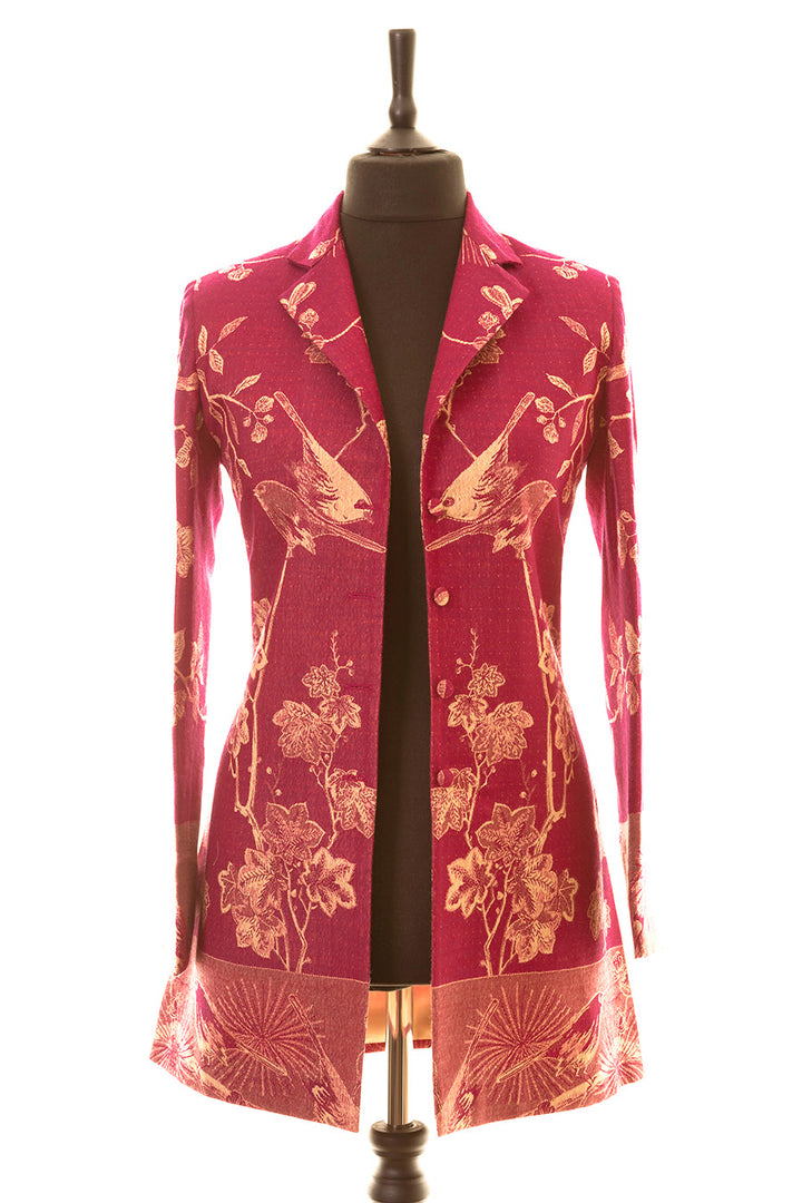 Longline women's jacket that is perfect for plus size. Red jacket with beige flowers and birds scattered around. 